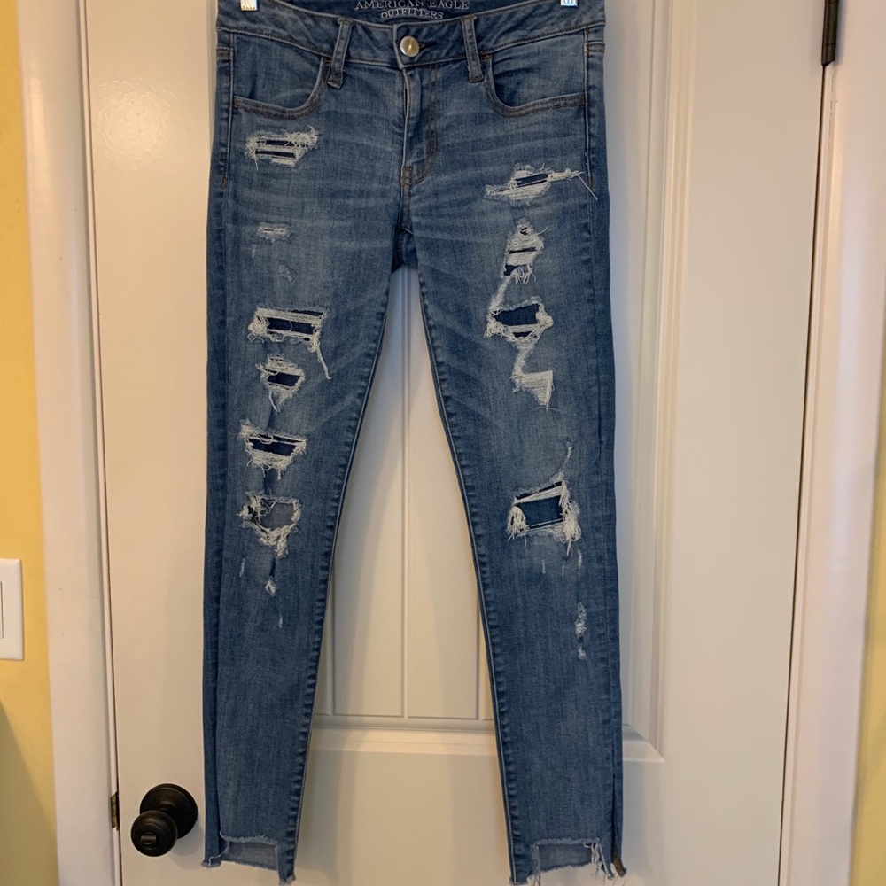 American Eagle super skinny distressed jeggings.